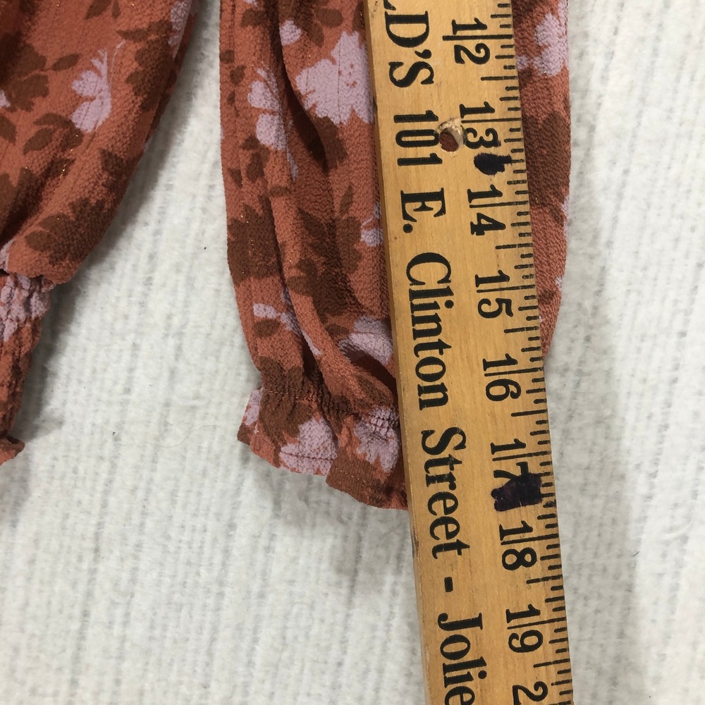 Monteau Los Angeles Floral Print Blouse Smocked Waist Ruffle Trim Copper - Picture 8 of 9
